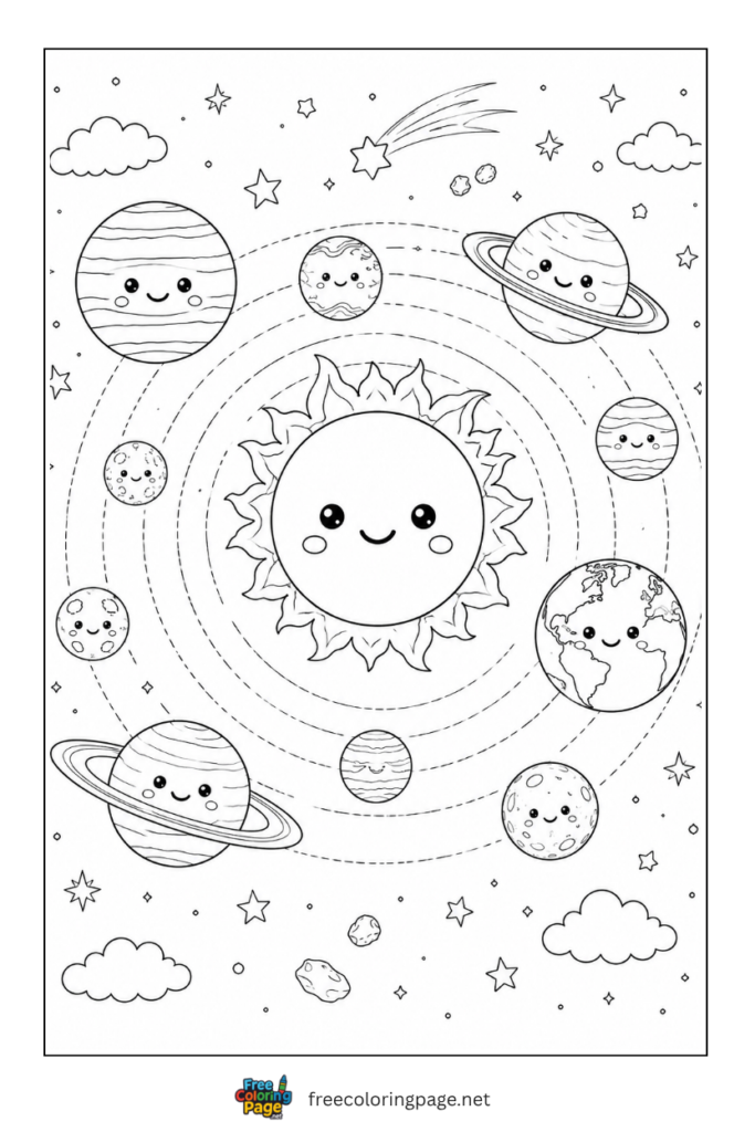 coloring page of kawaii planets moving around sun