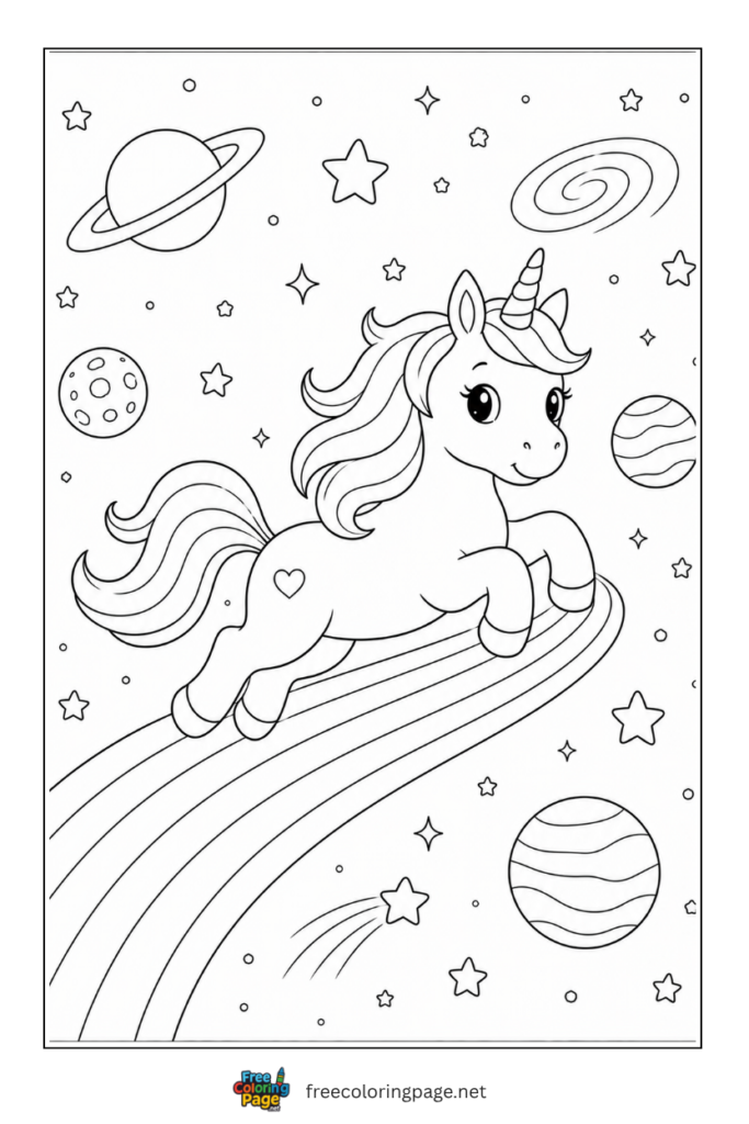 coloring page of unicorn in space