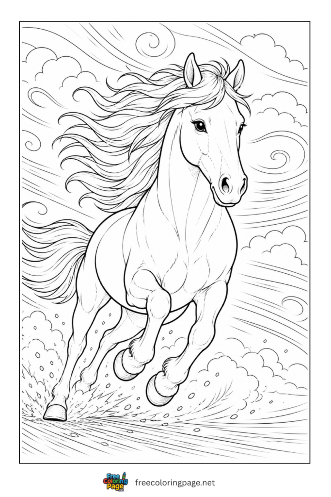 coloring page of wild horse running 