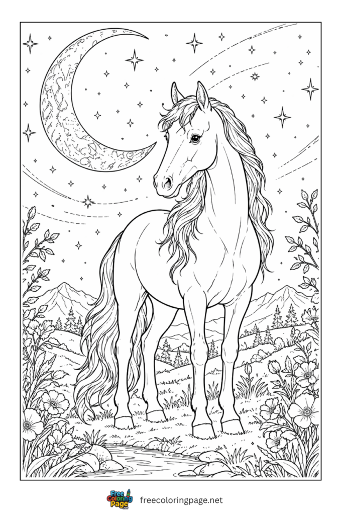 coloring page of wild horse under moonlight