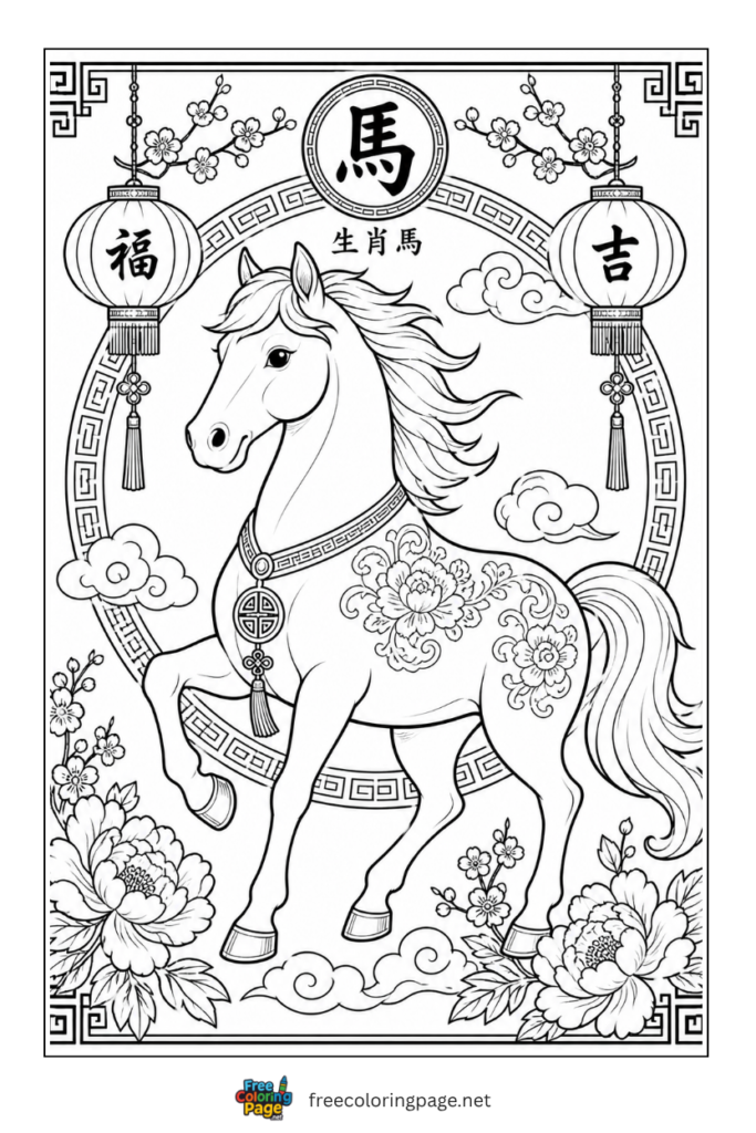 coloring page of horse designed on year of horse 2026