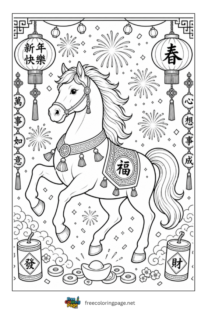 coloring page of year of horse 2026