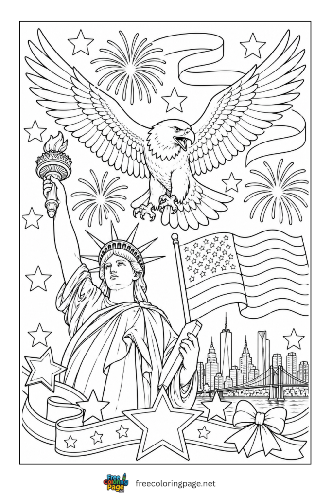 coloring page of 4th july celebration with independence symbols