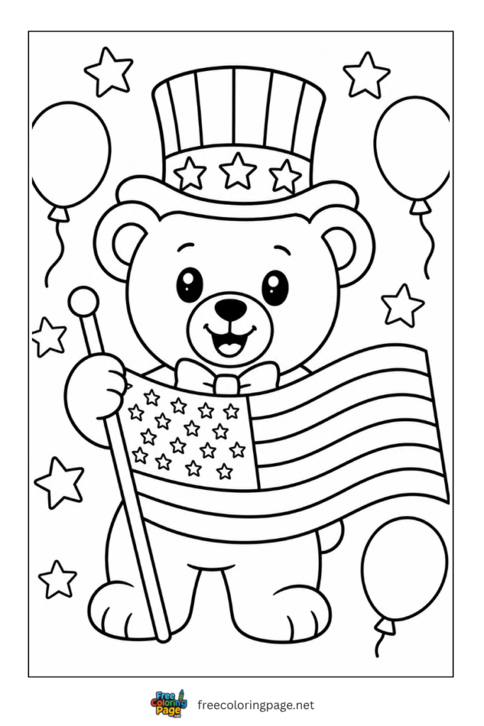 coloring page of bear with USA flag on 4th of july