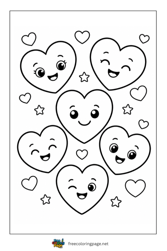 coloring page of kawaii hearts with characters