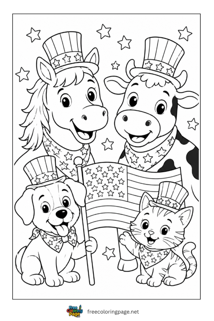 coloring page of farm animals on 4th of july