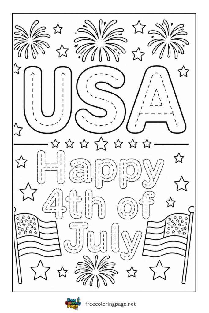 coloring page of happy 4th of july lettering