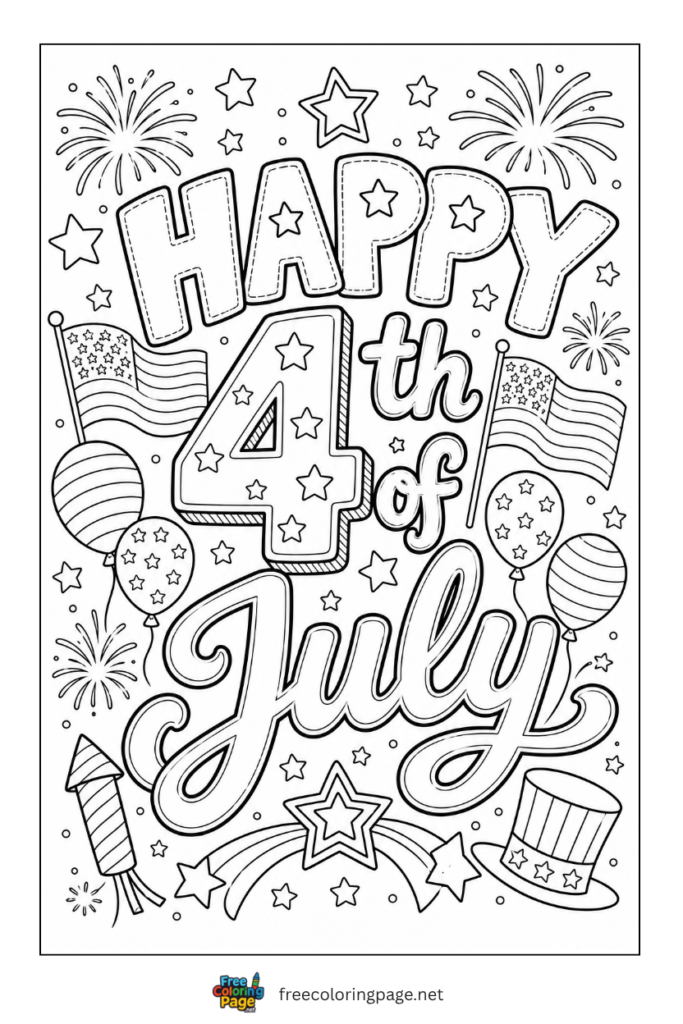 coloring page of happy 4th july with decoration