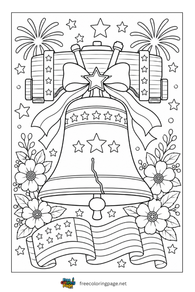 coloring page of large liberty bell decorated on 4th of july