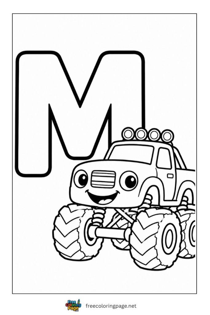 coloring page of M for monster truck