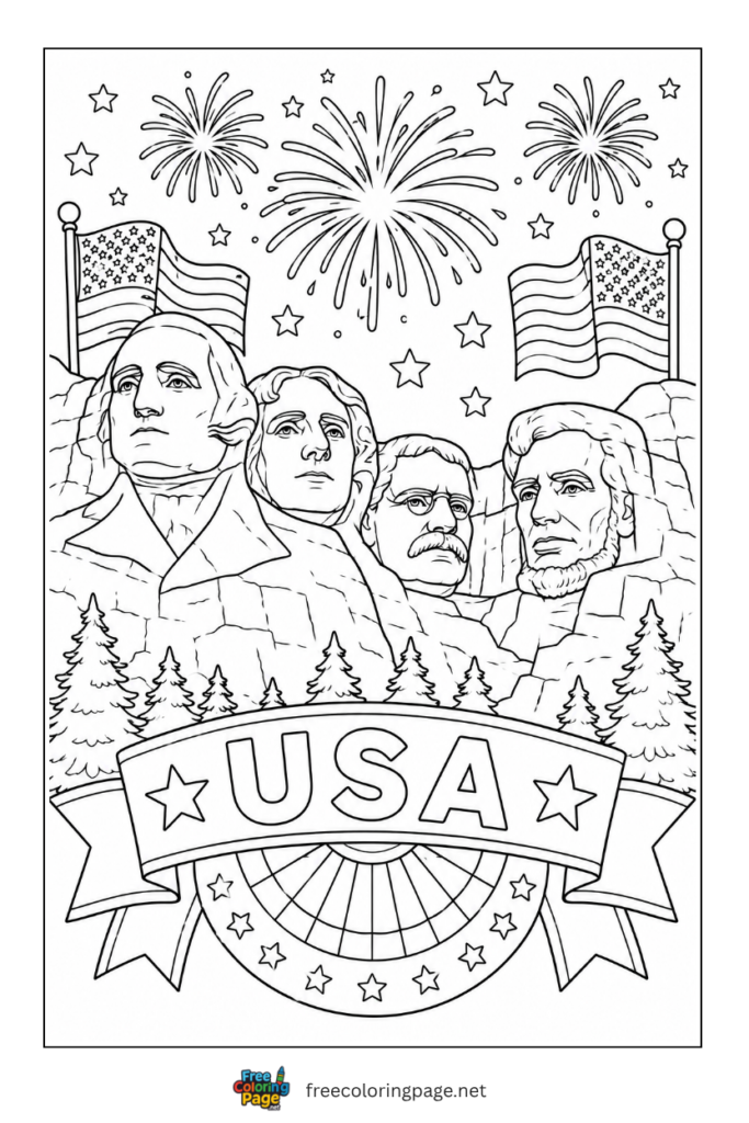coloring page of mount rushmore decorated on 4th july
