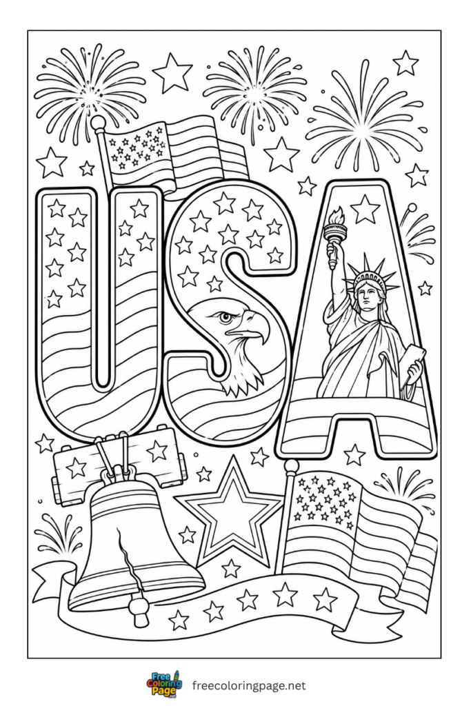 coloring page of USA lettering for 4th july