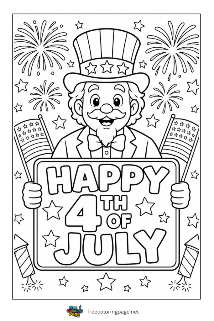 coloring page of uncle sam hapy 4th of july banner