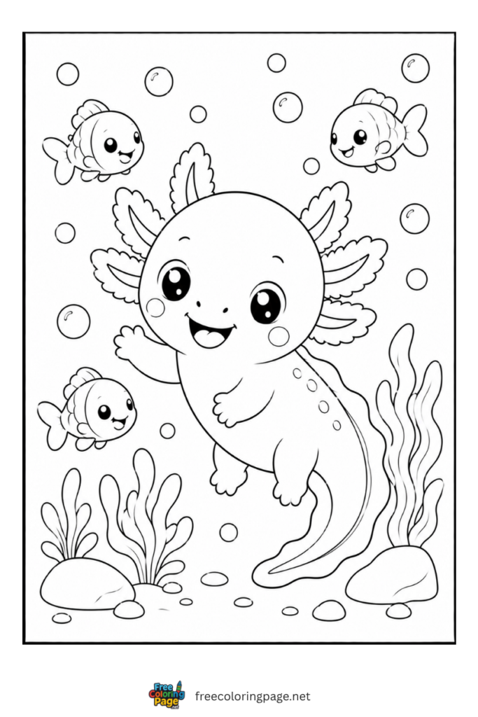 axolotl with fishes coloring pages