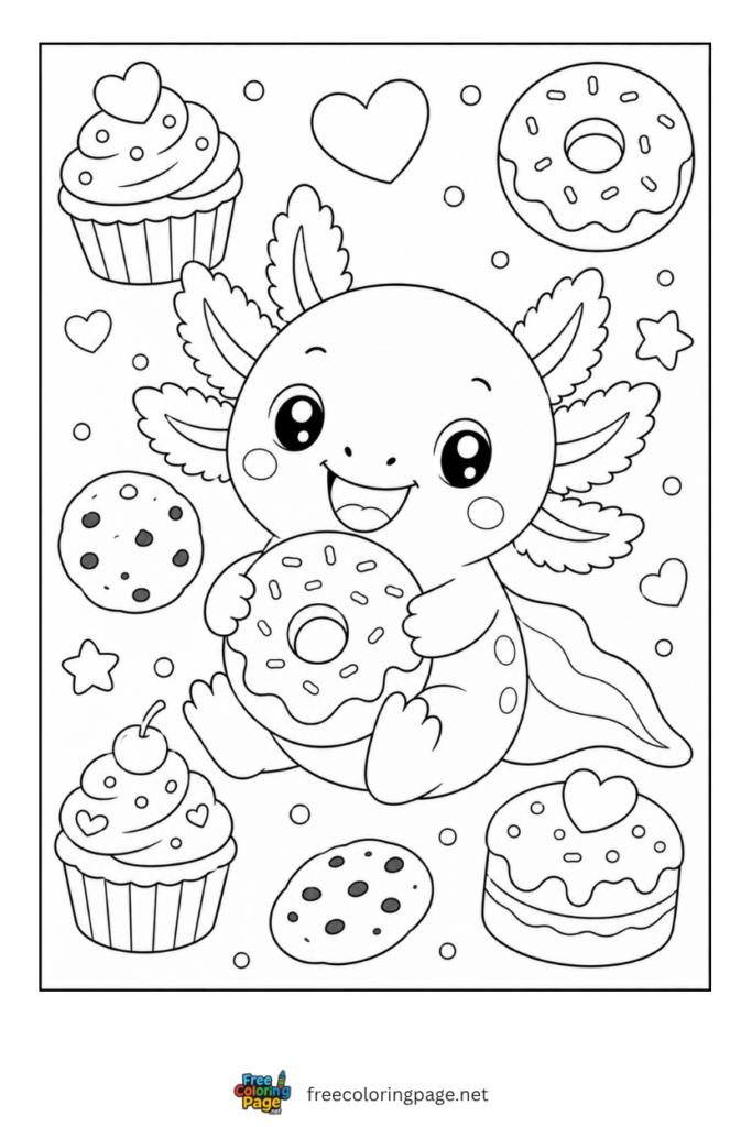 cute kawaii axolotl with cupcakes and donuts sweet delight
