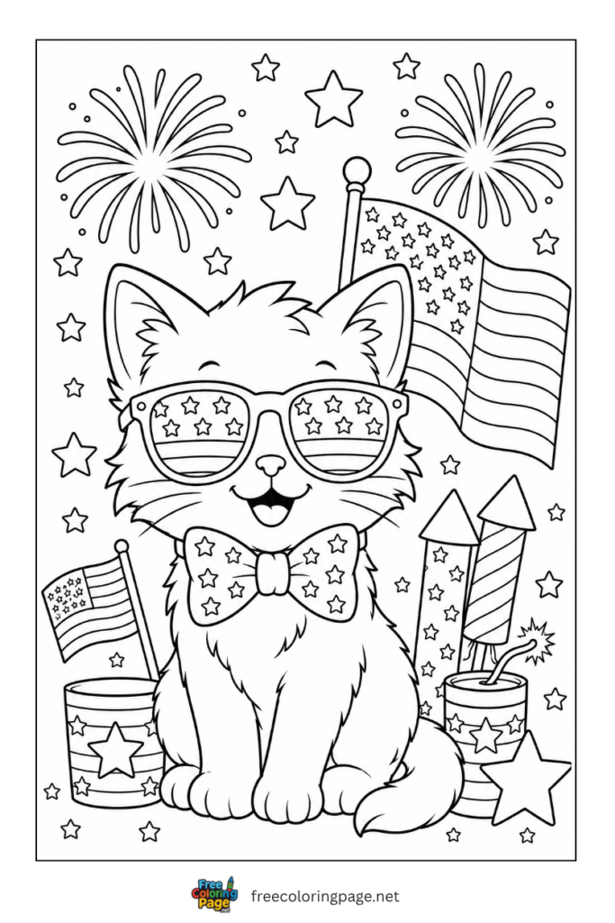 coloring page of kitten celebrating USA independence