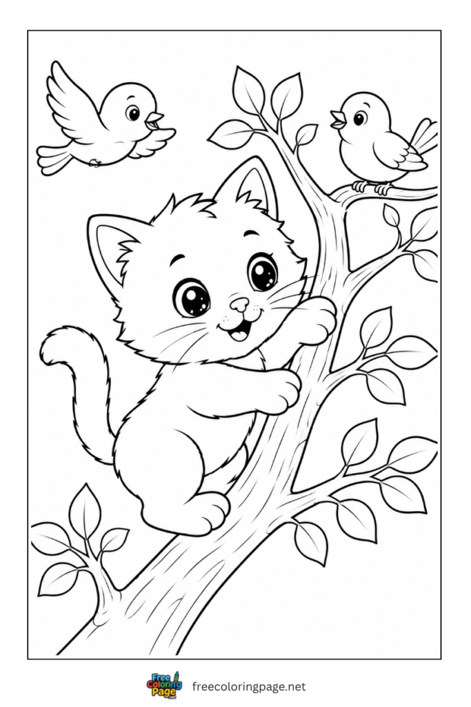 coloring page of adorable kitten fun adventure on tree