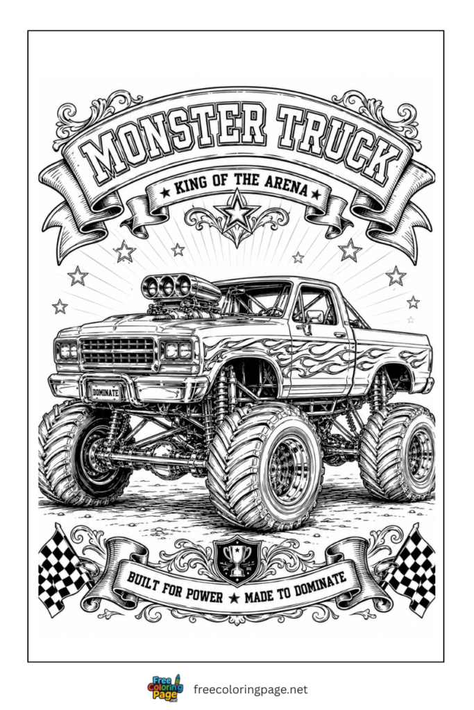 coloring page of detailed monster truck for adults