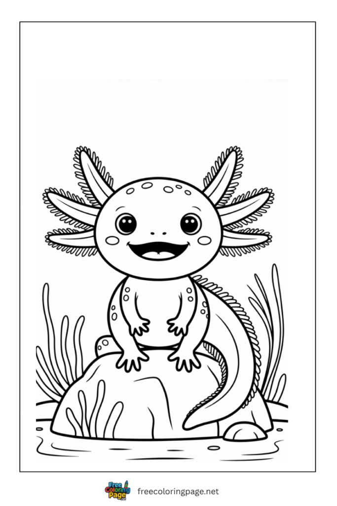 axolotl sitting on rock with smile coloring page
