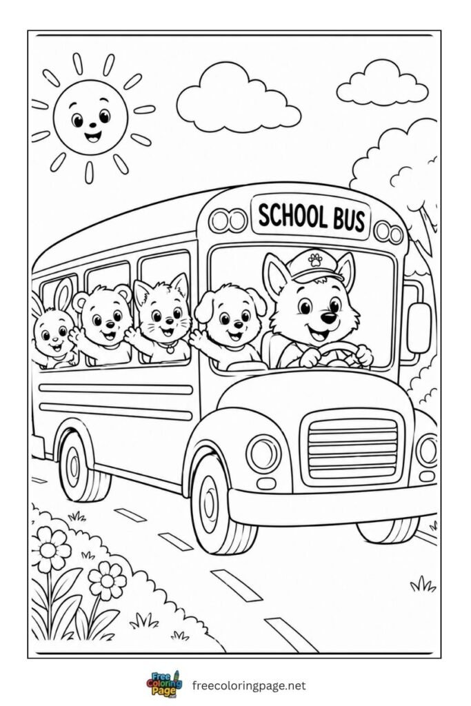 animals school bus coloring page-back to school