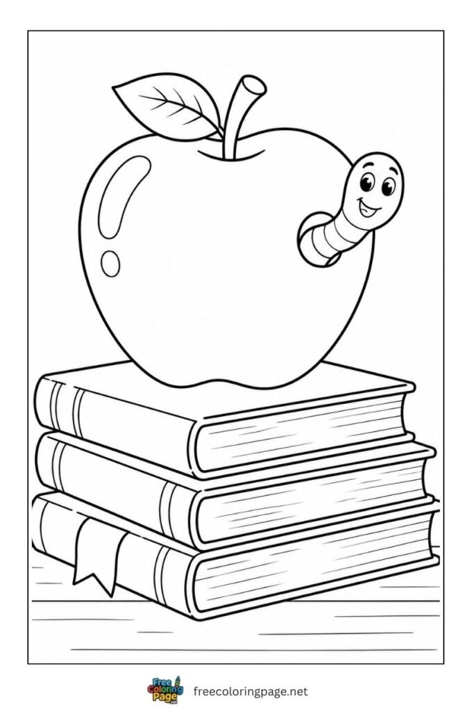 apple on books coloring page- worm peeking 