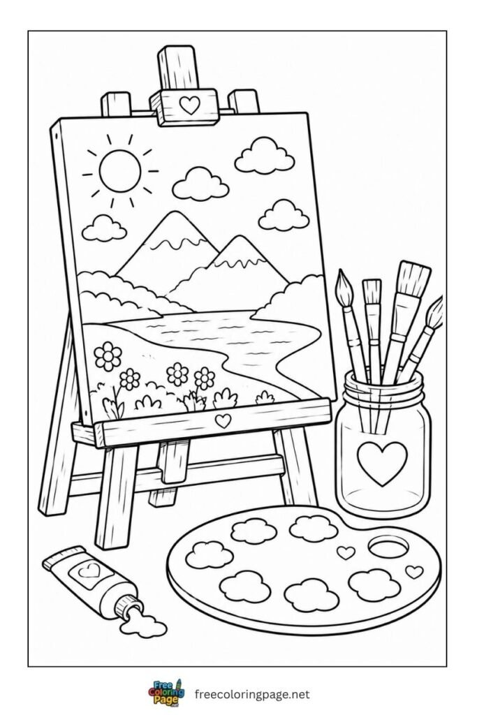 art easel paint brushes coloring page for kids