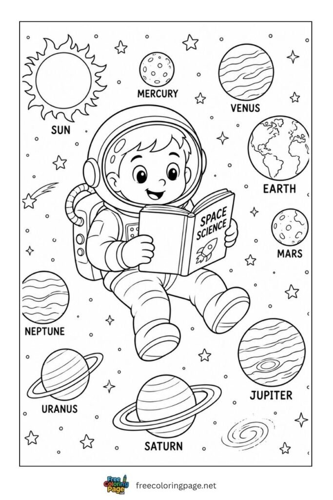 astronaut textbook in space coloring page