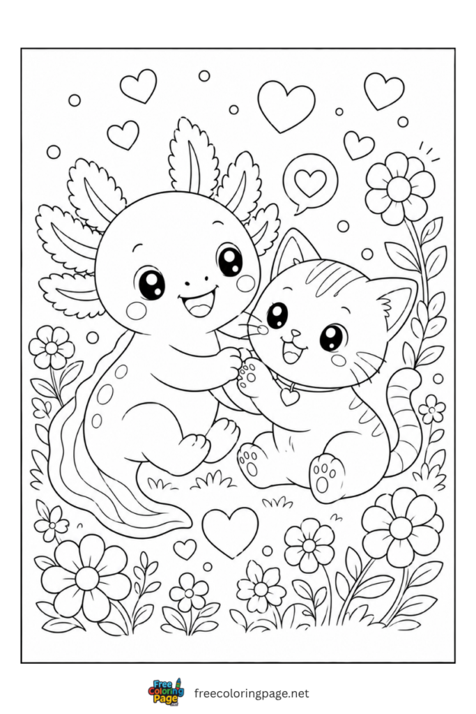 axolotl with kitten coloring page