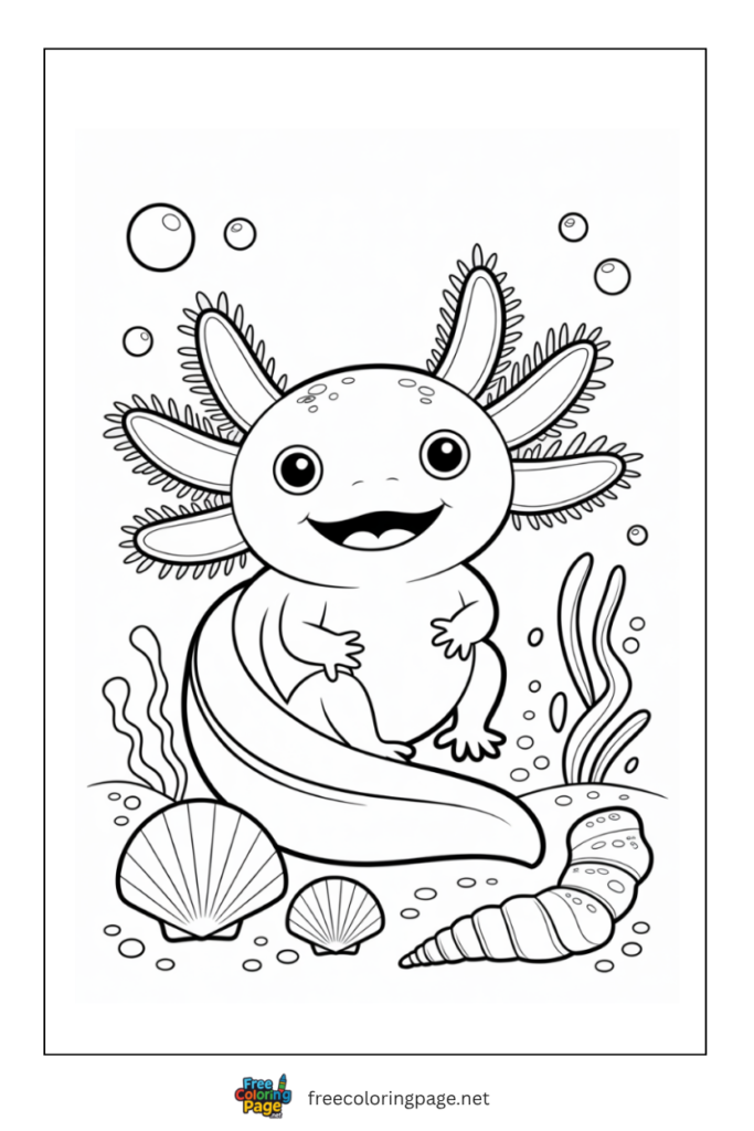axolotl sitting at shore coloring page