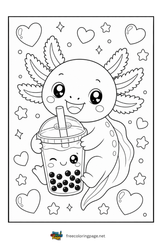 axolotl with boba tea coloring page