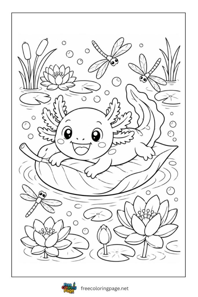 cartoon axolotl riding leaf in water