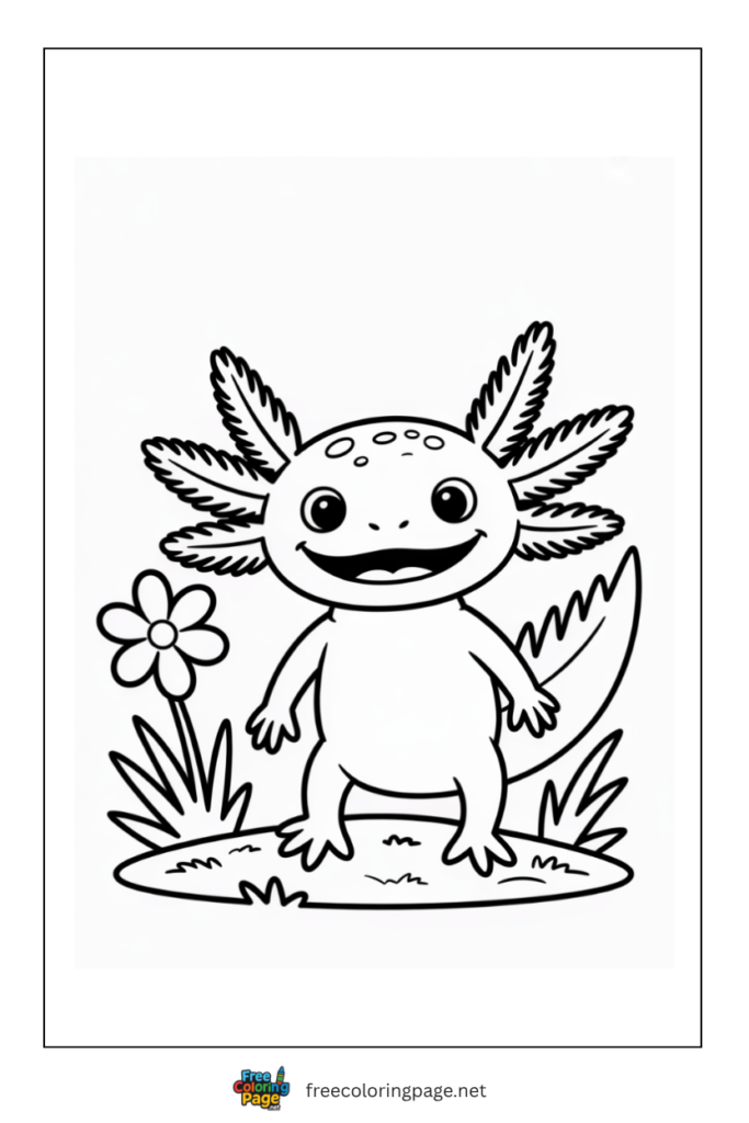 axolotl standing with flower coloring page