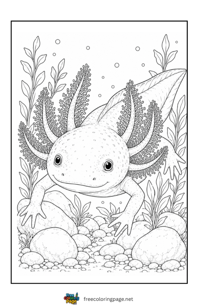 realistic axolotl gills close up coloring page