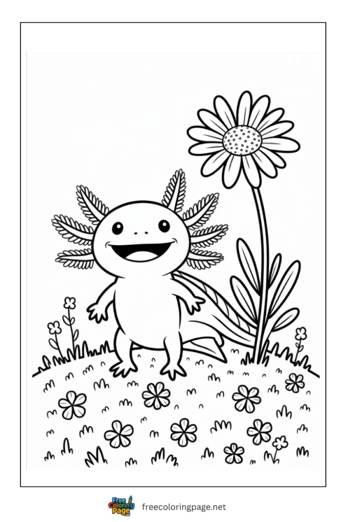 axolotl with big flower coloring page