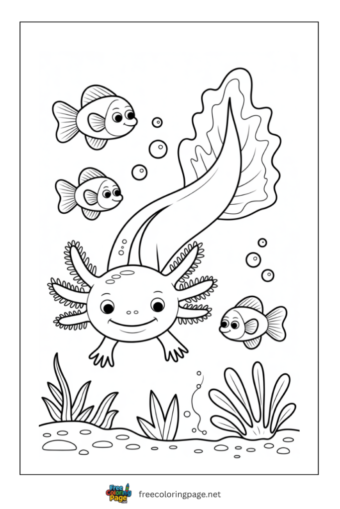 axolotl swimming with fishes fun for kids