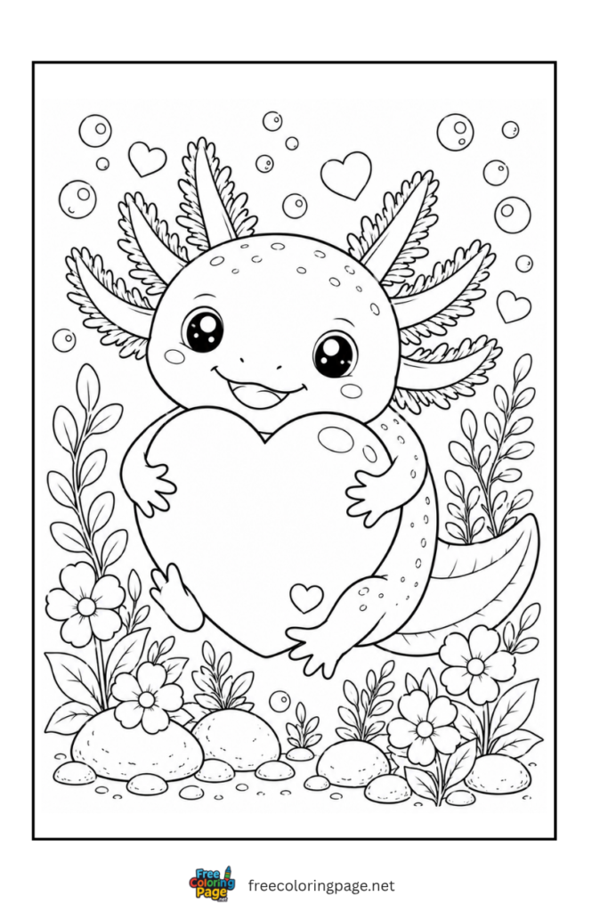 axolotl with large heart coloring page