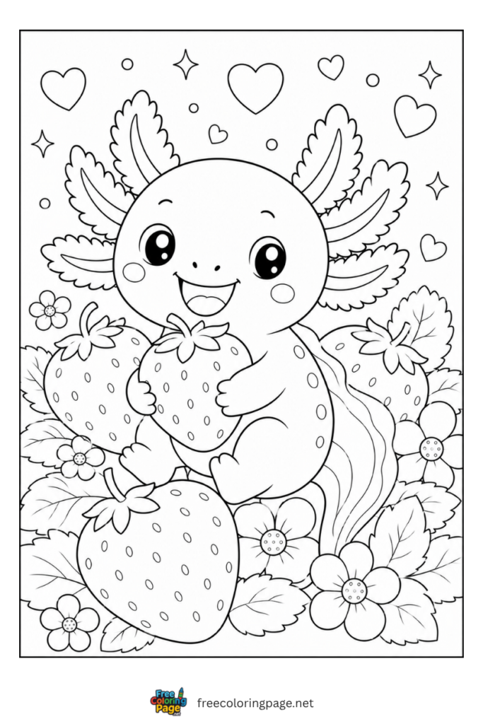 axolotl with big strawberries coloring page