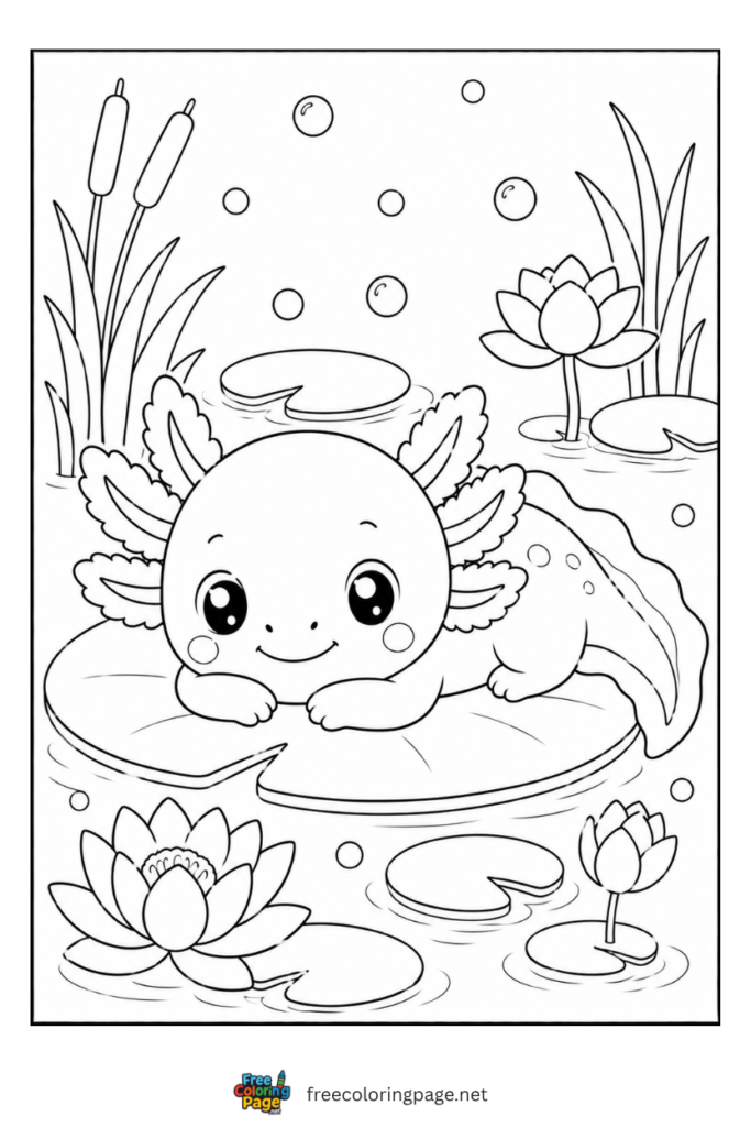 axolotl resting on lotus leave coloring page