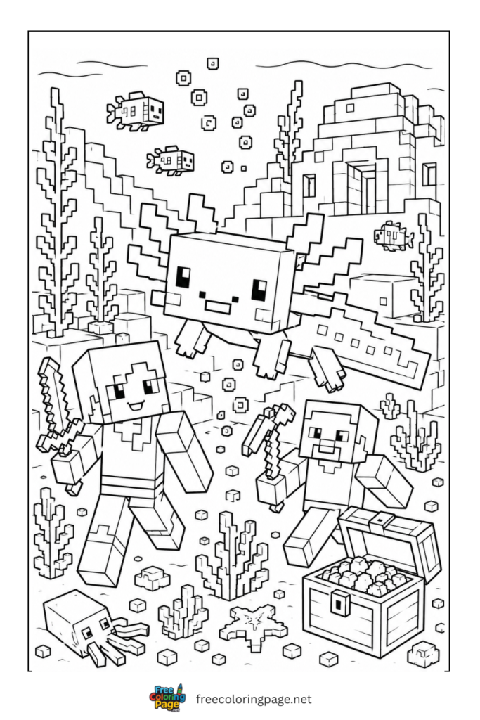 axolotl with minecraft alex and steve coloring page