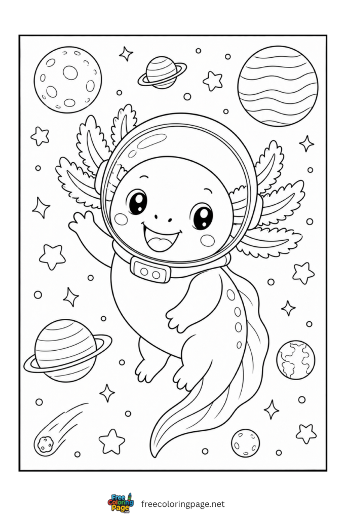 axolotl space themed coloring page