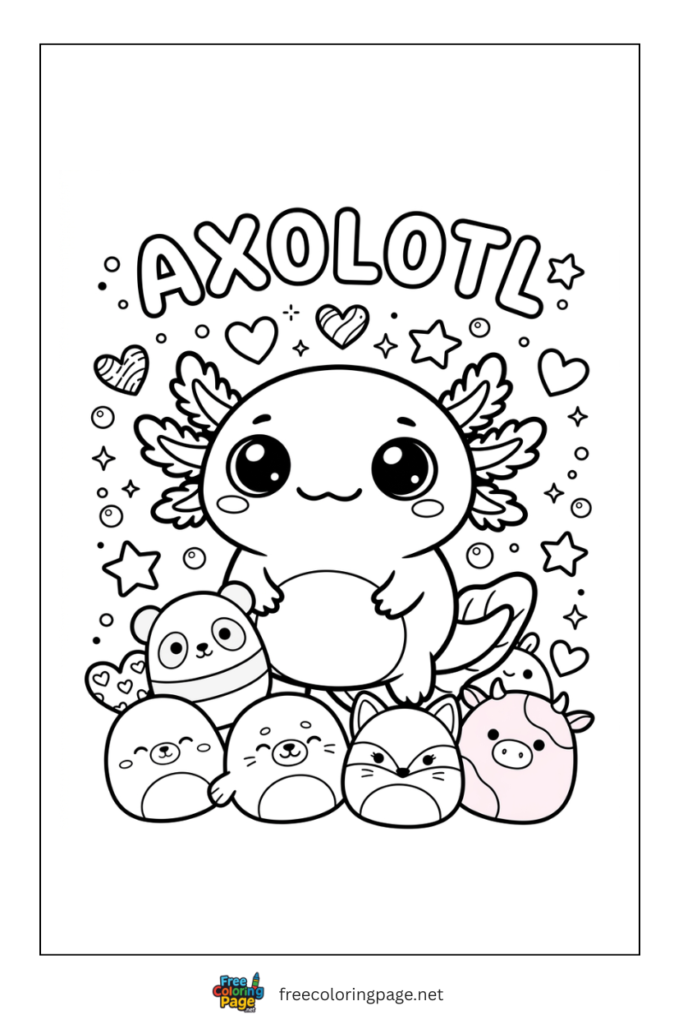 axolotl with squishmallow characters coloring page