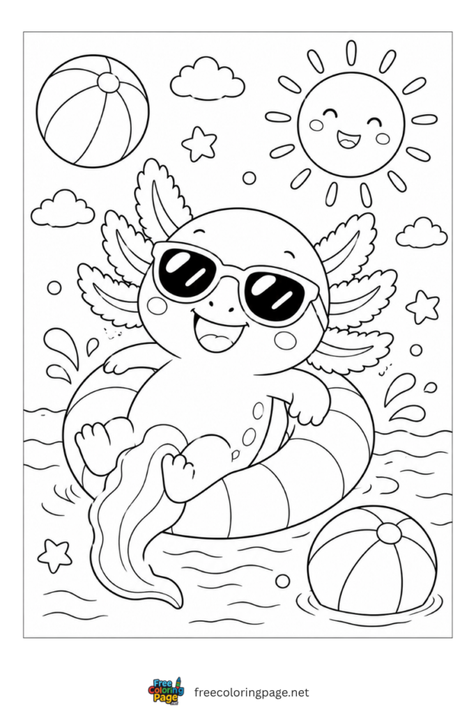 axolotl summer vibes coloring page
