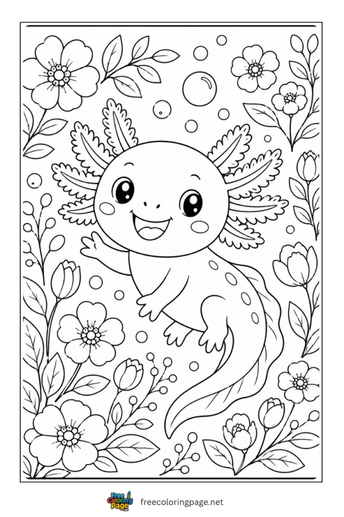 axolotl surrounded by flowers coloring page