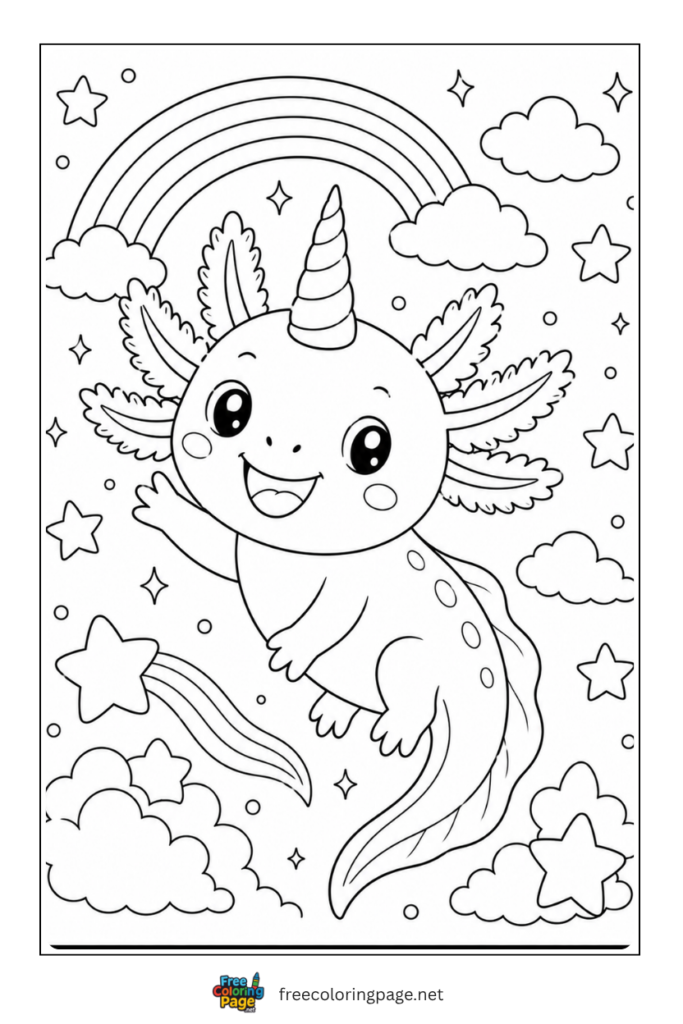 axolotl unicorn coloring page- fantasy world