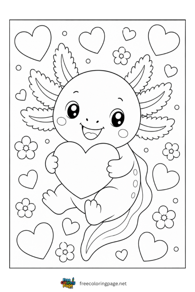 axolotl valentine heart coloring page