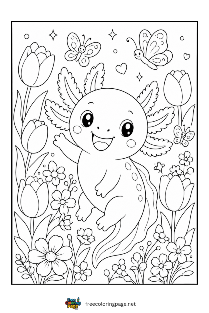 adorable axolotl with flowers and butterflies 