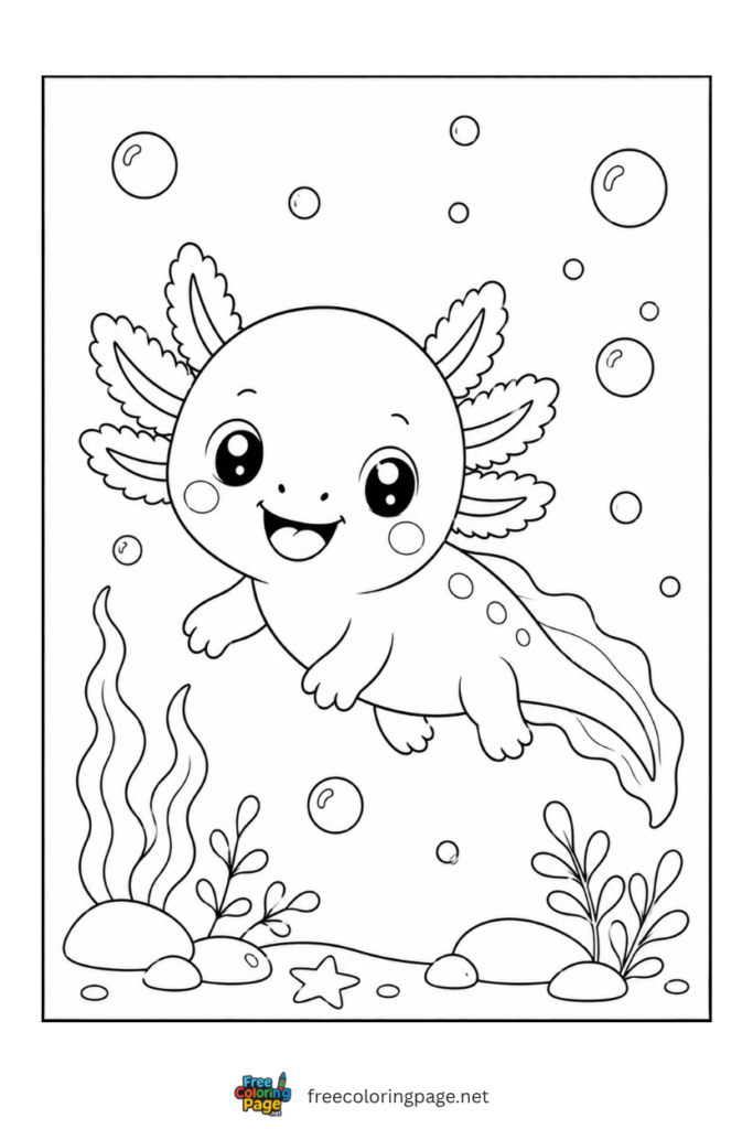 baby axolotl happy in water coloring page