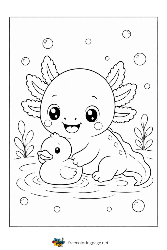 baby axolotl playing with toy duck in water
