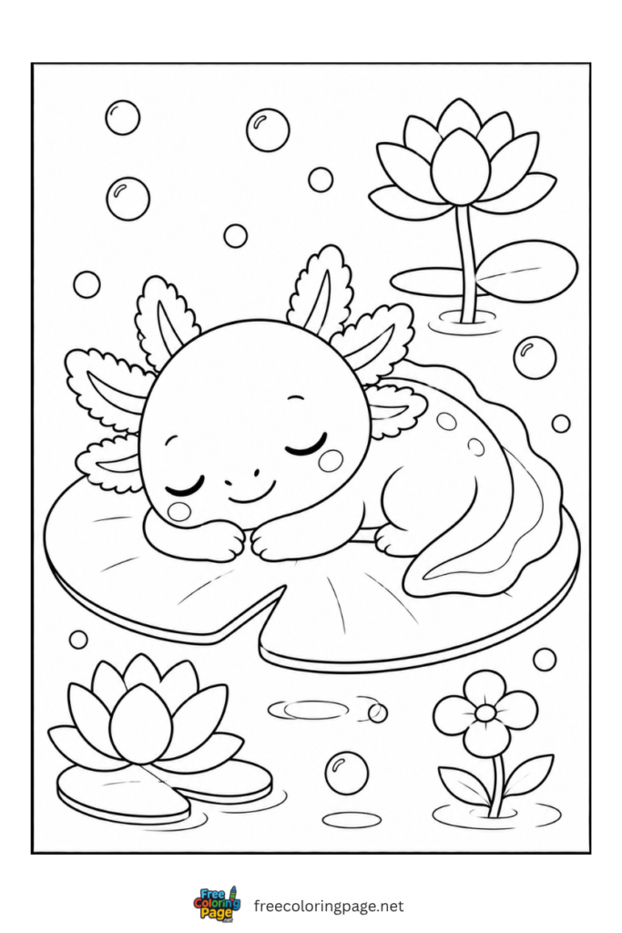 cute baby axolotl sleeping on leave