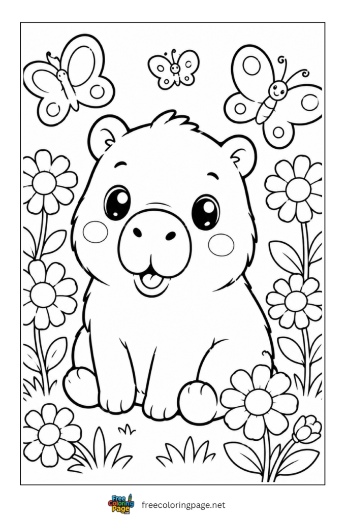 cute kawaii baby capybara with flowers coloring page